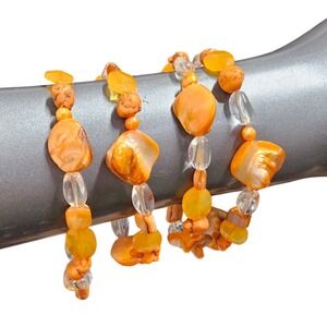 Beaded Stretch Bracelet Set Women OS Orange Shell Boho Coastal 3pc